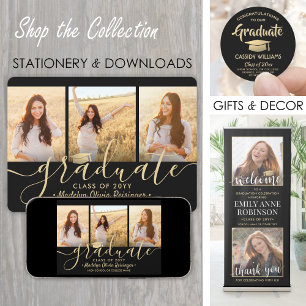 Downloadable 4 Photo Black and Gold Graduation  Announcement
