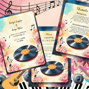playful musical floral watercolor wedding  invitation