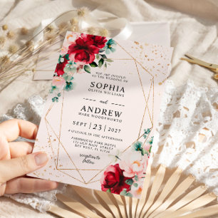 Budget Red Rose & Gold Floral Wedding Invitation