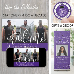 Modern Script Purple and White 4 Photo Graduation Announcement