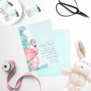 Flamingo & Palm Leaves Watercolor Baby Shower Invitation