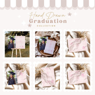 Photo Hand Drawn Illustrated Pink Plaid Graduation Announcement