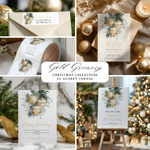 Elegant Gold Baubles Greenery Corporate Christmas Holiday Card