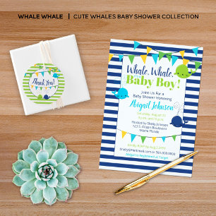Lime Green Stripes Whale It's A Boy Baby Shower Invitation