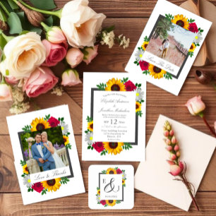 Sunflower Rose Daisy Floral Wedding Thank You Card