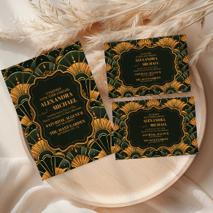 Art Deco Wedding Diamond Gold and Green  Invitation