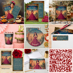 Vintage Quinceañera Red Gown Theme RSVP Card