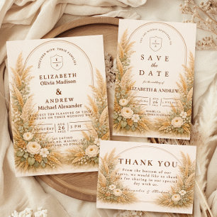 Neutral Wheat Arch Floral Wedding Invitation