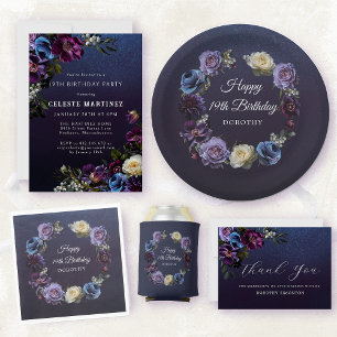 Moody Purple Flowers 19th Birthday Party Invitation
