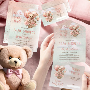 Teddy Bear Balloons Girl Bearly Wait Baby Shower All In One Invitation