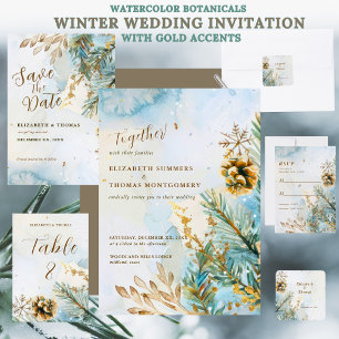 Watercolor Botanicals Winter Wedding Gold Accents Table Number