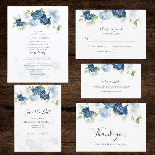 Dusty Blue Floral Script Modern Wedding Save The Date
