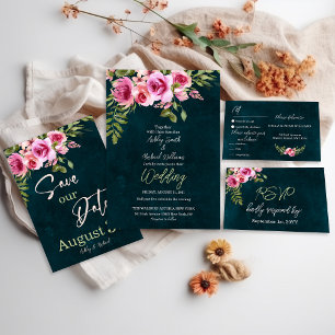 Classic Emerald Green Floral Dark Moody Wedding RSVP Card