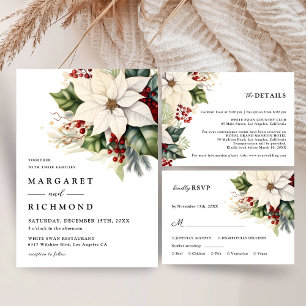 White Poinsettia Red Berries Winter Wedding RSVP