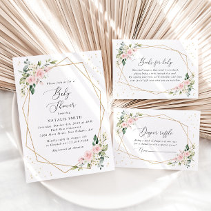 Pink Flowers, White Flowers, Greenery, Baby Shower Invitation