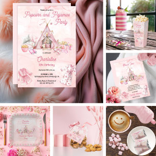 Pink Popcorn and Pyjamas Slumber Birthday Party Invitation