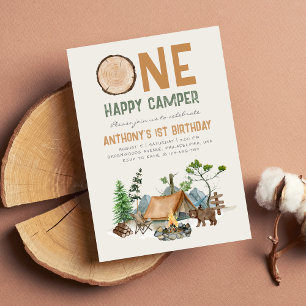 Modern Twin Happy Campers Woodland 1st Invitation