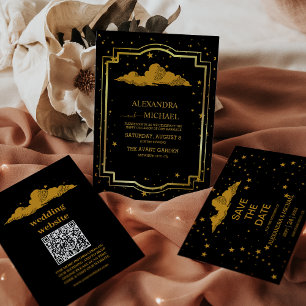 Mystical Black Gold Celestial Stars Wedding  Invitation