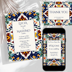 Azulejo blue Portuguese Mediterranean wedding RSVP Card