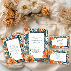 Modern Blue & White Floral Mediterranean Tiles Invitation