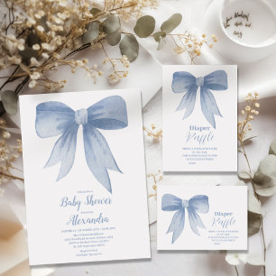 Cute Blue Bow Ribbon Baby Boy Shower  Invitation
