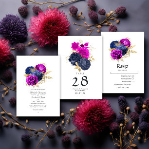 Magenta Navy and Gold Floral Wedding RSVP Card