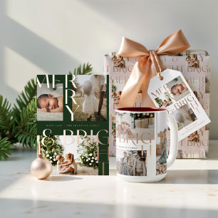 Modern Merry Bright Bold Typography 2 Photo Pink Wrapping Paper