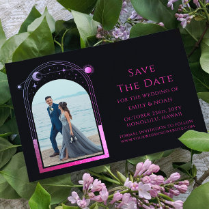 Celestial Black Purple Budget QR Code RSVP Photo Enclosure Card