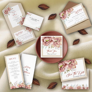 Terracotta watercolor flowers gold fall wedding all in one invitation
