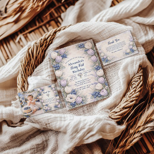 Berry First Blue Floral Garden 1st Birthday Invitation