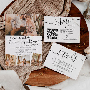 Modern black white simple wedding details invitation
