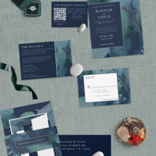 Modern Navy Emerald Abstract Watercolor All In One Invitation