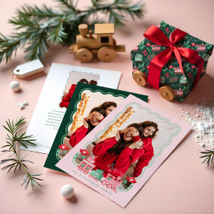 Pink Vintage Train Christmas Tree Delivery Photos Tri-Fold Holiday Card
