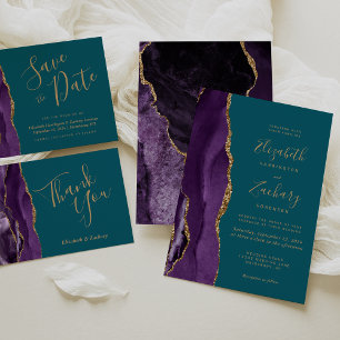 Modern Purple Gold Agate Teal Wedding RSVP Card
