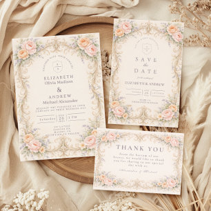 Blush Peach Baroque Rose Wedding RSVP Card