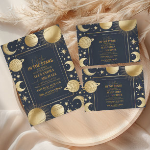 Celestial Navy Gold Crescent Moon Wedding Invitation