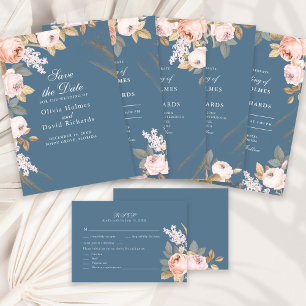 Boho Blue and Blush Peonies Wedding Menu Card