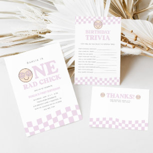 Groovy Girl Chequered Happy Face   1st Birthday Invitation