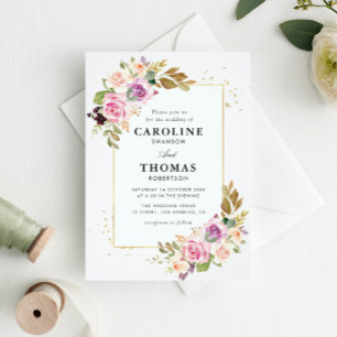 lavender purple & blush floral wedding invitation