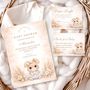 Beige Bunny Floral Baby Shower Invitation