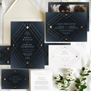 Navy Blue & White   Gold Deco Lines Save The Date Announcement