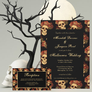 Gothic Skull Black Red Roses Halloween Wedding Invitation