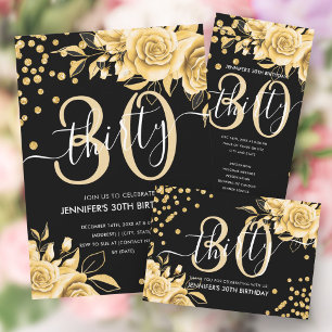 30th Birthday Menu Gold Floral Glitter Black  Invitation