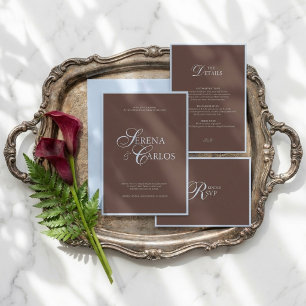 Chocolate Brown Powder Blue Modern Wedding Invitation