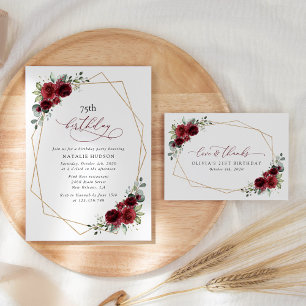 Burgundy Flowers, Red Flowers, Boho, Birthday Invitation