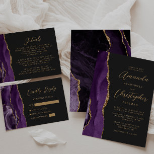 Purple Gold Agate Script Wedding RSVP Card