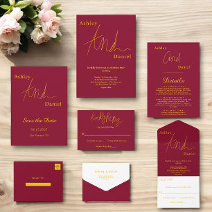 Elegant Simple Burgundy And Gold Luxury Wedding All In One Invitation