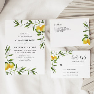 modern greenery and watercolor lemons wedding invitation