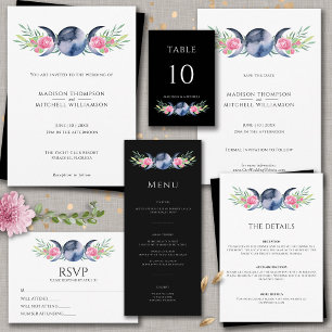 Moon Phase Pink Roses Floral Metaphysical Wedding  RSVP Card