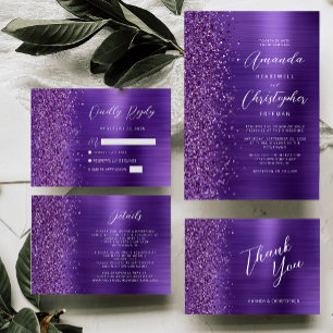 Glam Purple Metallic Wedding Flat Thank You Card